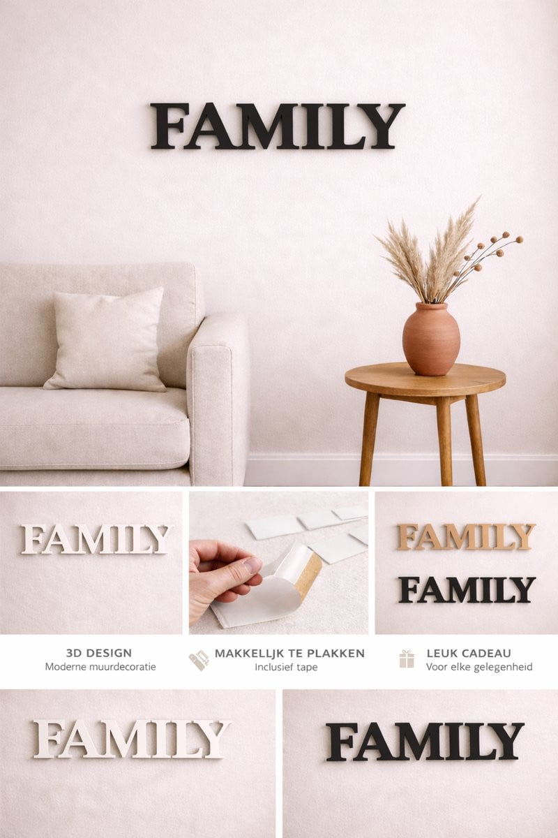 FAMILY letters muurdecoratie – Scandinavisch design 3D letters voor in de woonkamer