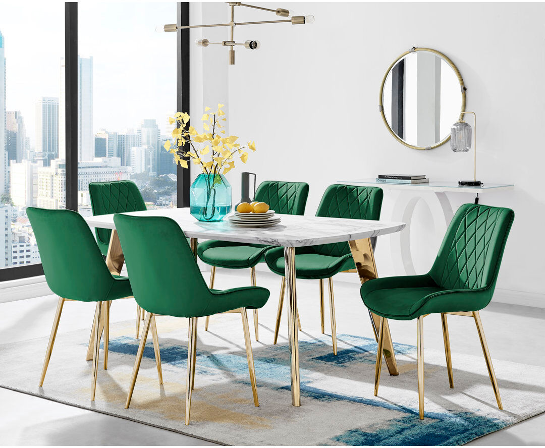 Canora Grey Anders Modern High Gloss Marble Effect Dining Table Set with 6 Luxury Velvet Dining Chairs Green/Gold/Gold 6