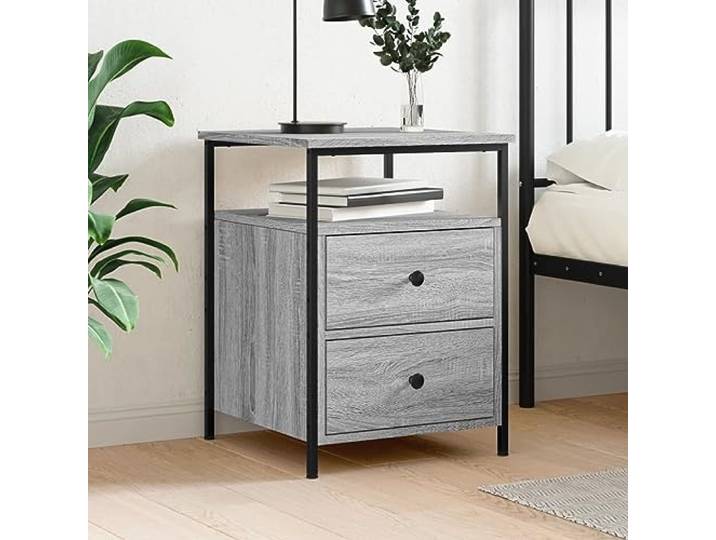 HEFZGDB Nachttisch Grau Sonoma-Eiche 44x45x60 cm Holzwerkstoff mit Eisenrahmen und verstellbaren Beinen für Stauraum und Stabilität im Industrie-Stil