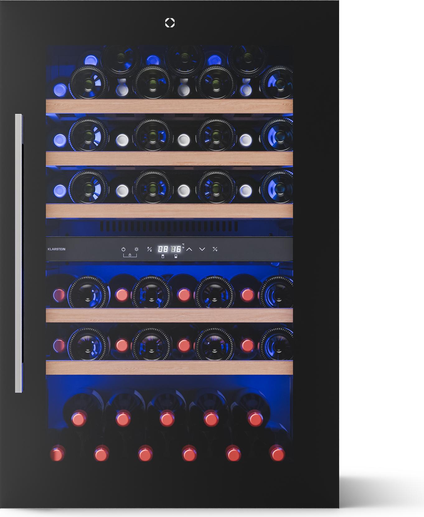 Klarstein Illuminosa Weinkühlschrank Einbau - 57 Flaschen, 2 Zonen, 5-22°C, Touch, LED, UV-Schutz, leise, Buchenholzregale, Einbau-Weinkühlschrank