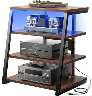 Rackcog 4-Tier Wooden AV Component Media Stand Stereo Cabinet with Power Outlets and LED Lights