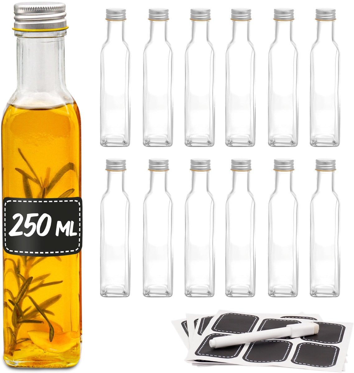 Set van 12 lege glazen flessen met schroefdop van 250 ml
