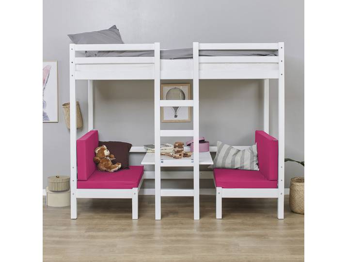 Hochbett HOPPEKIDS ECO Dream, Kinderbett mit Funktion - Praktisch & flexibel , weiss (kiefer, weiß lackiert), kein Härtegrad, Schaumstoffmatratze, Hochbetten, Hochbett, Unteres Bett nutzbar als Bett oder Sitzgruppe. Matrazenbezug: PINK