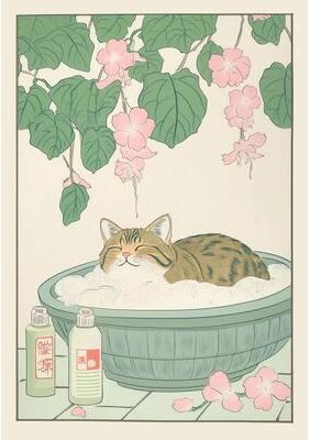 Inspired Finds Japandi Cat Bathtub Canvas Wall Art Retro Japanese Aesthetic Poster sakura Soak 11.81x16.54in Unframed