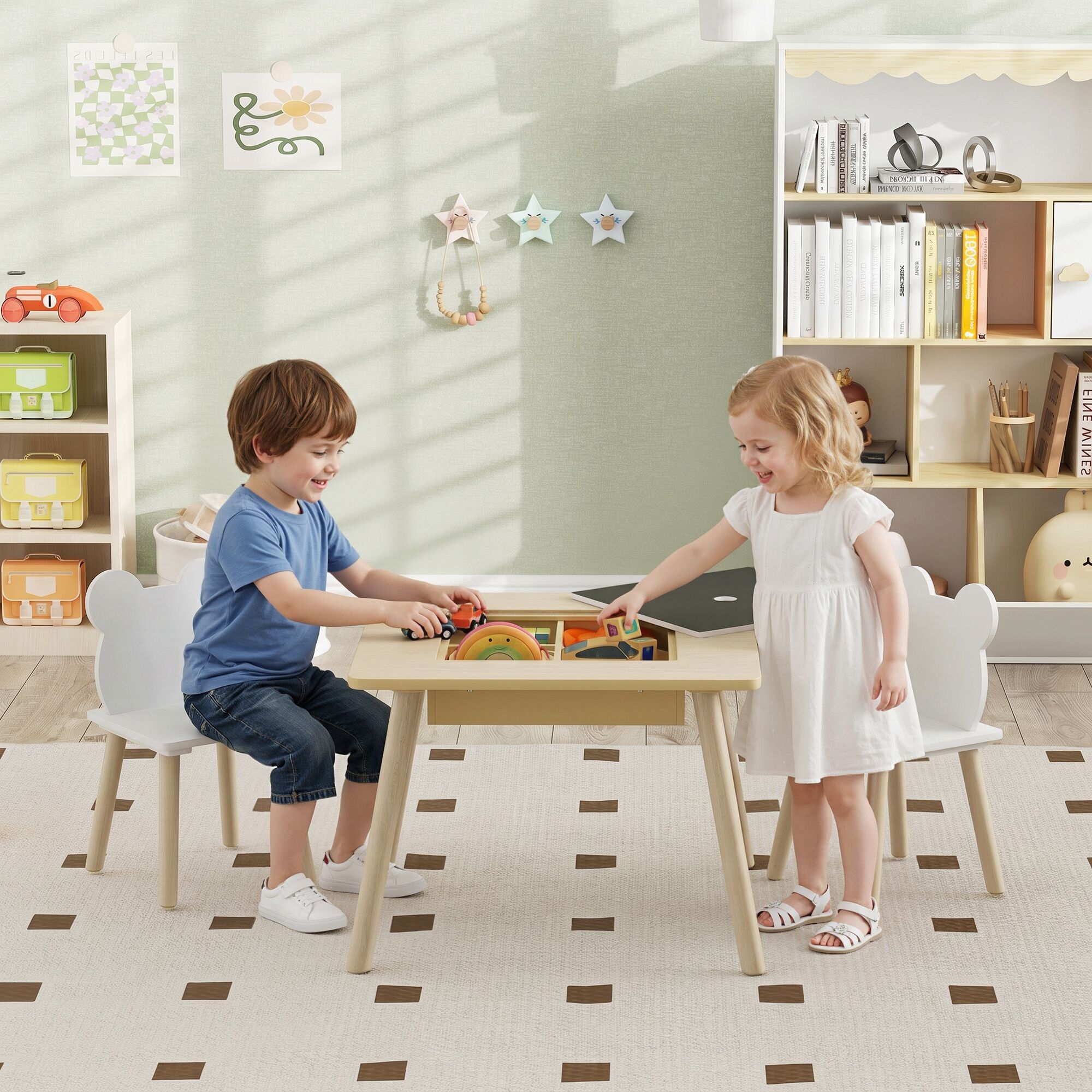 Altro Set Tavolo 3 In 1 E 2 Sedie Per Bambini Con Schienale A Orsetto, Età 3-6 Anni, Colore Legno