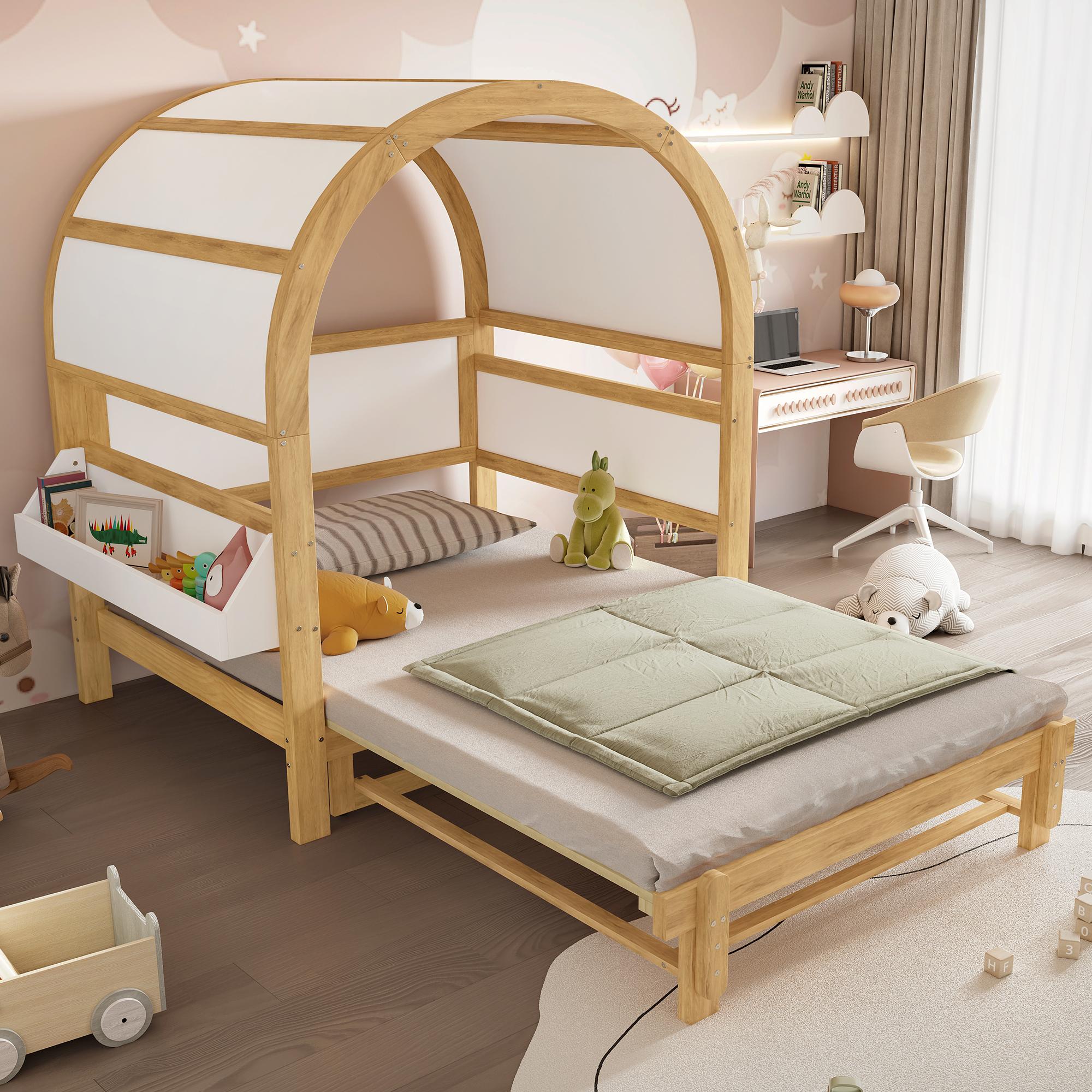 okwish Gewölbtes Dachbett 140x200 Kinderbett Jugendbett mit Schiebebett-Funktion und Holzhaus-Design,Bettgestell mit Ablagefläche und Lattenrosten,Weiß+Natur(mit Matratze)