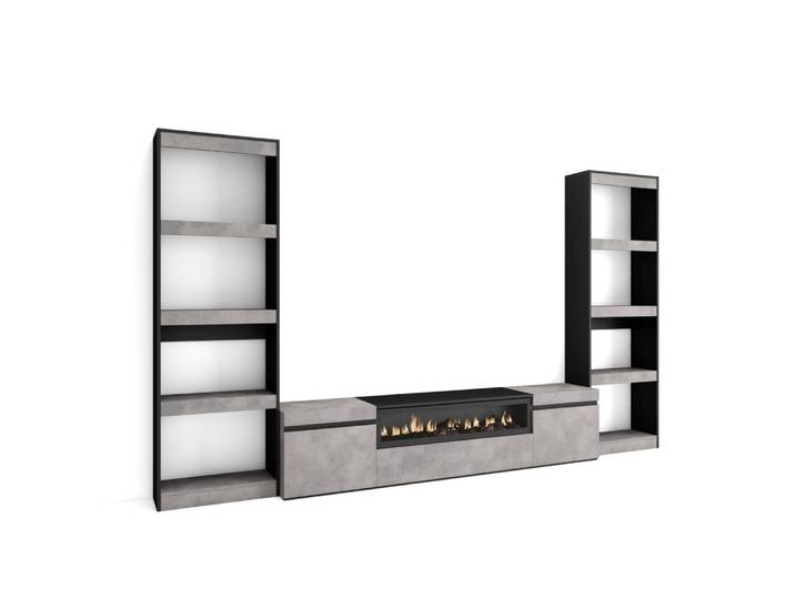 Ensemble meuble tv effet bois ciment 320x35x186cm cheminée effet feu