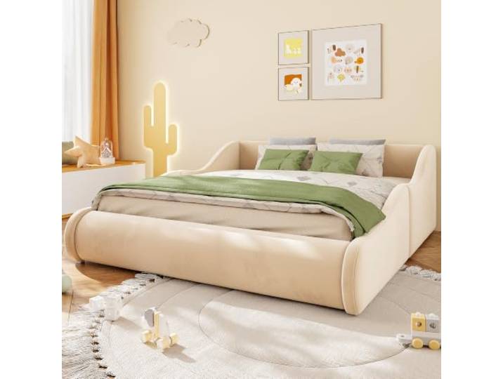 BXEYXE Polsterbett Kinderbett 140 * 200 Weiches Samtbett mit hohem Kopfteil und Seitenschutzgittern, integrierte Matratze, Elegantes Beiges, Modernes Einzelbett