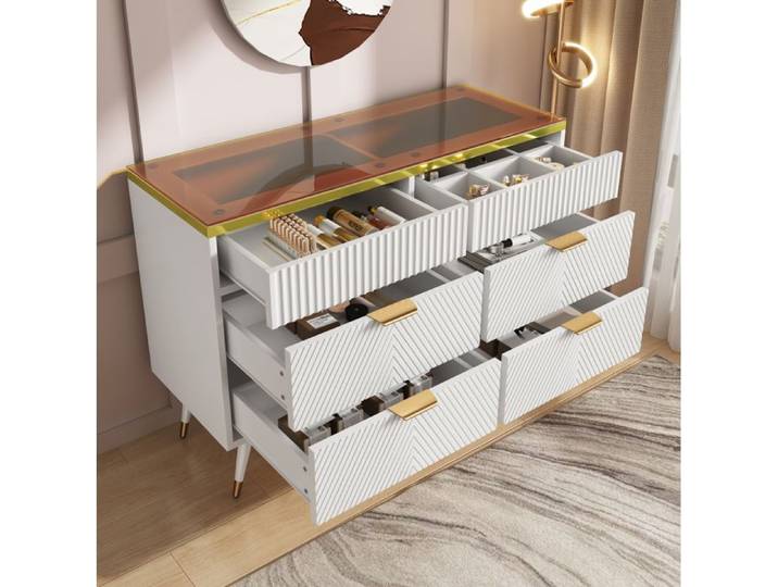 MEULVA Commode à 6 tiroirs 120 x 40 x 76 cm blanche avec plateau aspect verre ambré anti-basculement