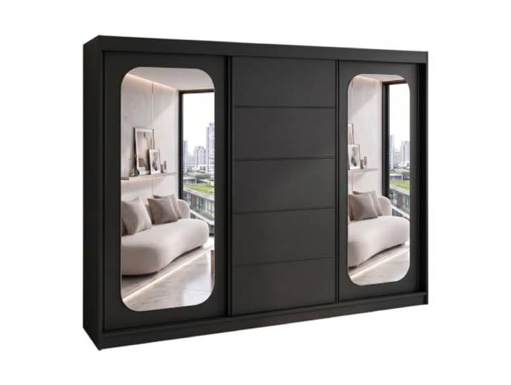 A&J MöbelLand BELANO Kleiderschrank mit Spiegel, Schwebetürenschrank 200 x 215 x 59,5 cm, erweiterte Innenaufteilung, Schwarz, Comfort Plus