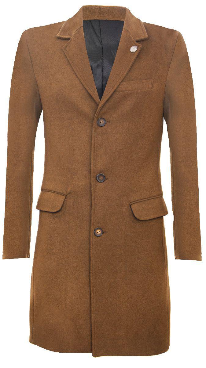 Lange bruine wollen slim-fit overjas voor heren
