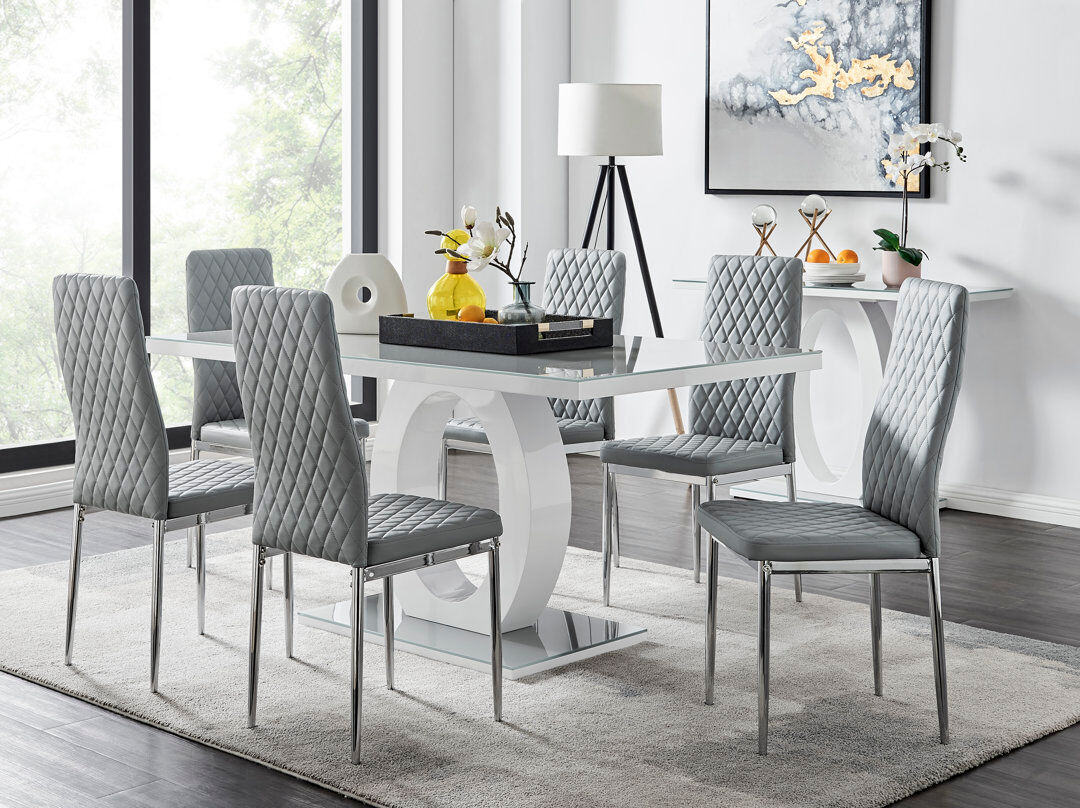 Canora Grey Scottsmoor High Gloss Halo Dining Table Set & 6 Luxury Faux Leather Dining Chairs - Modern Design Grey/Silver 6