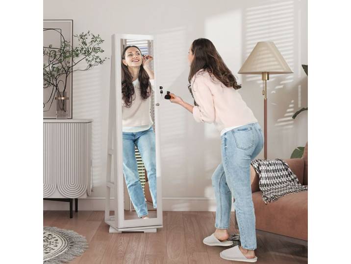 Armoire à bijoux miroir de rangement verrouillable avec petit miroir intégré étagères de rangement à l'arrière pivotante à 360 °