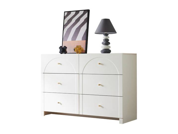 Modenvie Kommode 120/40/82 cm aus Spanplatte mit 6 Schubladen Weiß, 40x82x120 cm, Kleinmöbel, Kommoden, Kommoden