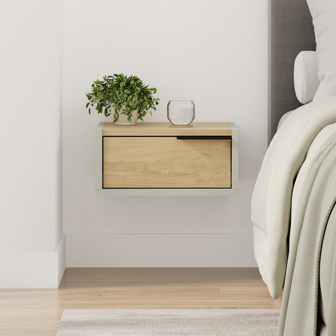 17 Stories Eco Floating Bedside Table With Drawer And Metal Handle, Bedroom Ash Green/Oak 18.5cm H X 40cm W X 30cm D