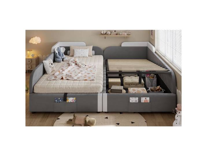 Lit combiné pour enfants - TRUXEN8 - Velours - Gris - 90x200cm - Rangement hydraulique