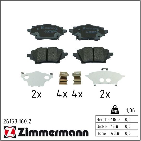 Zimmermann Bremsbelagsatz, Scheibenbremse 26153.160.2 Hinterachse Für Mazda Suzuki Toyota
