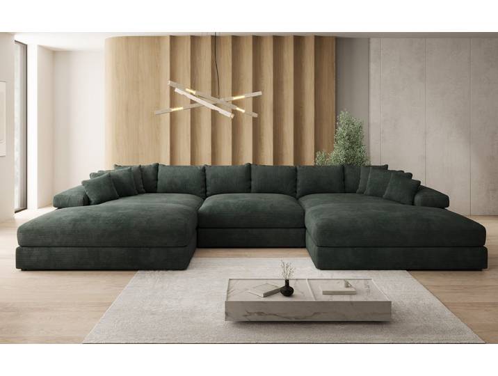 Designer Sofa Bernardo U mit breiter Ottomane in Cord - Grün - Cord - Luxusbetten24