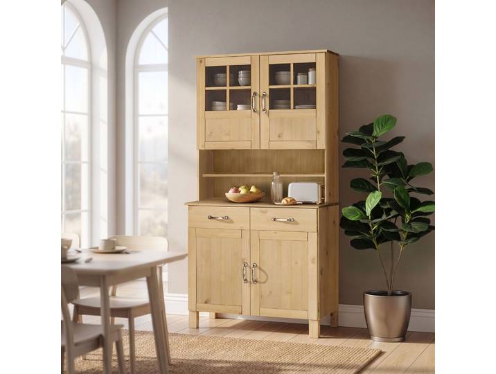 Küchenbuffet HOME AFFAIRE Alby , beige (natur gebeizt, gewachst), B:85cm H:185cm T:38cm, Massivholz, Schränke, Küchenbuffet, Breite 85 cm, 2 Glastüren