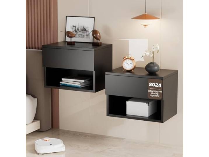 Kiseely Nachttisch hängende, Schwebender Nachtschrank mit Schubladen und viel Stauraum, hölzerner Nachttisch Regal, Beistelltisch Holz moderner für Schlafzimmer (Schwarz TY3, 2 Packs)