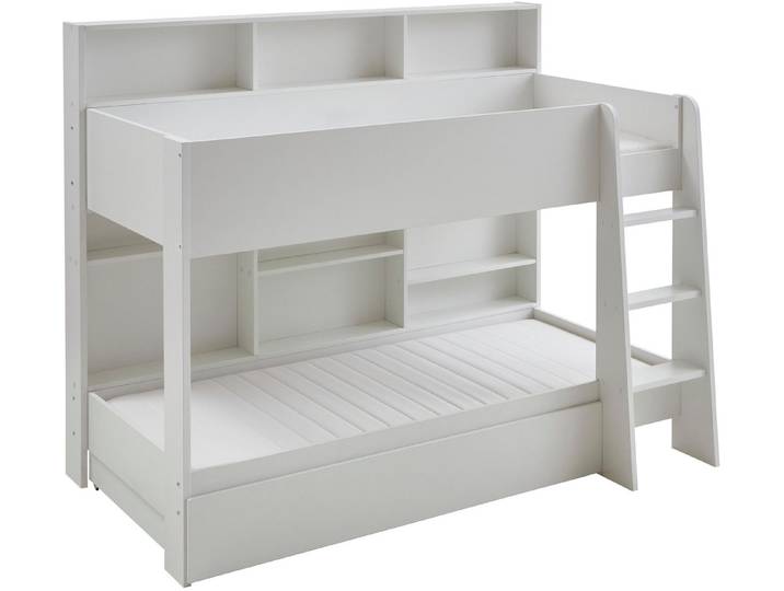 Relita Etagenbett Sely, viel Funktion auf kleinem Raum, 2 Liegeflächen, modernes Design (viele Regalfächer an der Bettrückseite, inkl. Schublade auf Rollen), viel Stauraum, pflegeleichte Melamin Oberfläche, 3 Farben zur Wahl