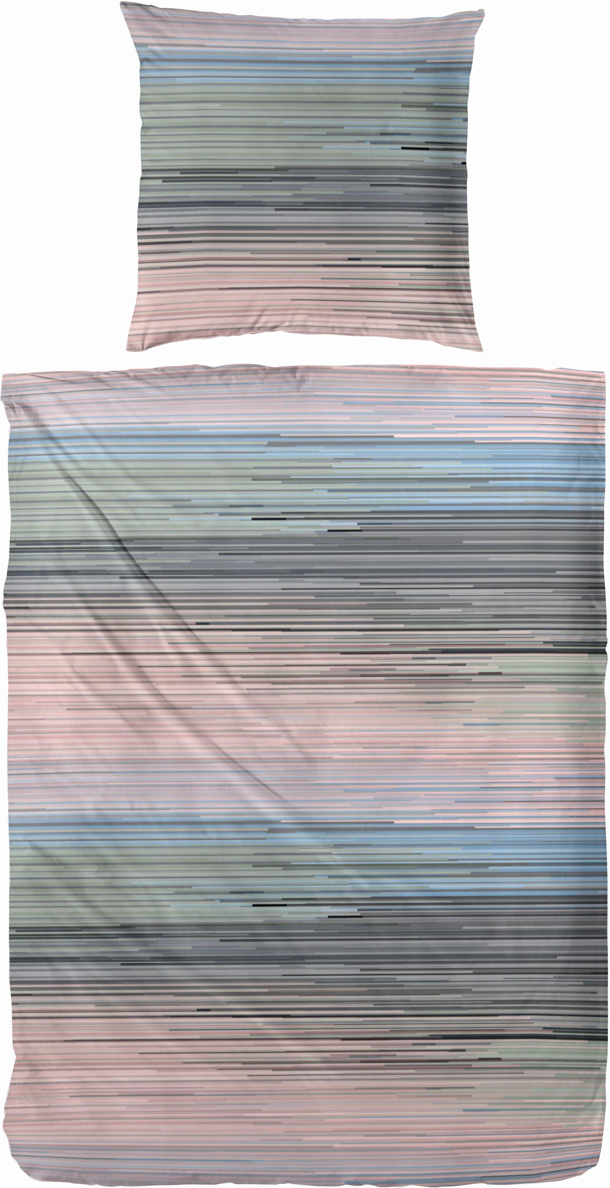 Bettwäsche PRIMERA "Strip Up Your Life", bunt (blau, grün, mauve), B/L: 135cm x 200cm, 1 Stk., 1 Stk., Satin, B/L: 80cm x 80cm, 2 Stk., Satin, Obermaterial: 100% Baumwolle, Bettwäsche, Bettwäsche, mit ineinander laufende Streifen blau, grün, mauve B/L: 13