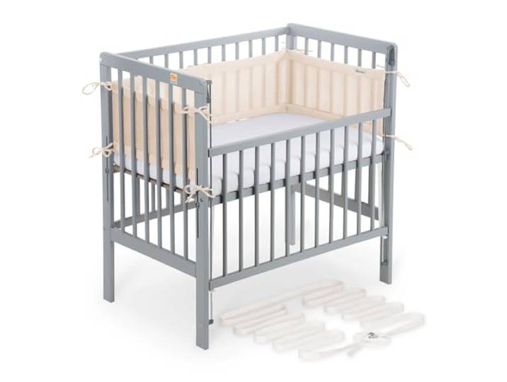 FabiMax Boxspring Baby Beistellbett Flex 90x55, aus Buchenholz grau lackiert, mit innovativem verstellbarem Seitengitter, passend für Boxspringbetten (Matratze Classic, Beige)