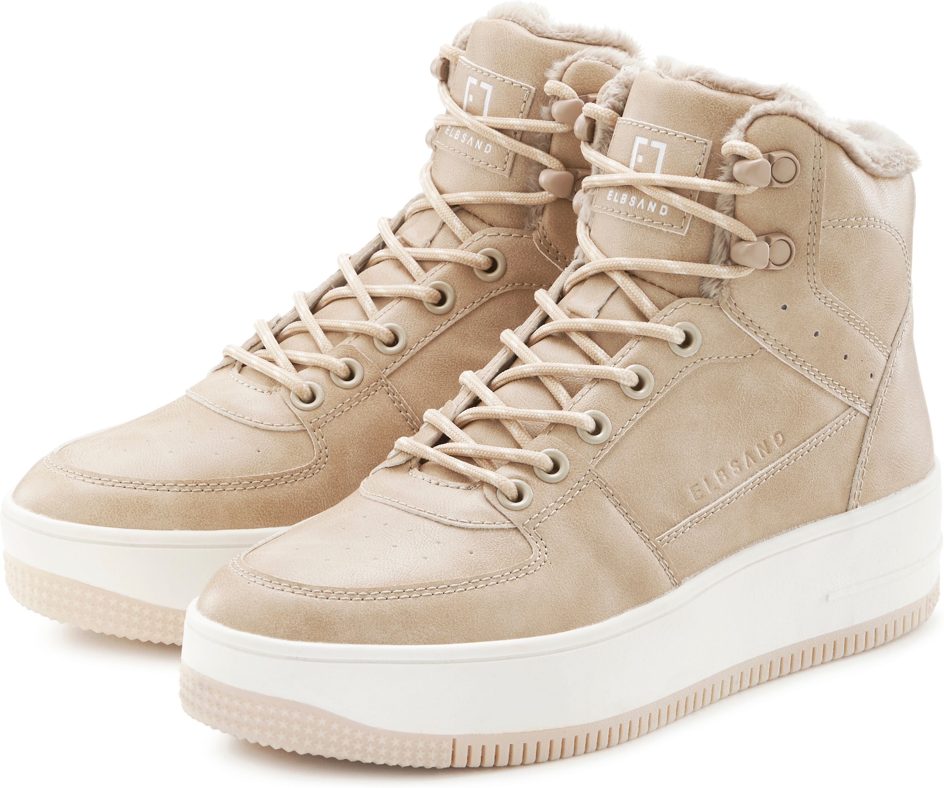 Sneaker ELBSAND "Freizeitschuh, Halbschuh, High Top Sneaker, Turnschuh, Schnürschuh", Damen, Gr. 38, Textil, beige, Obermaterial: 100% Synthetik. Decksohle: 100% Textilmaterial. Futter: 100% Textilmaterial. Laufsohle: 100% Synthetik, unifarben, Schuhe Sne