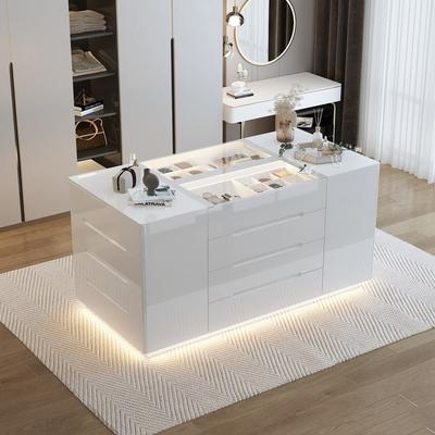 Timechee LED-Lit Multi-Function Storage Island Closet Cabinet Dresser Glass Top
