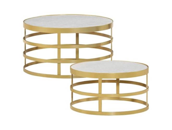 Couchtisch Set 2-tlg Marmor Weiß Messingfarben Stahlrahmen Wohnzimmer Echter Marmor, messingfarbener Stahlrahmen, montagefrei, feucht abwischbar, vielseitig nutzbar