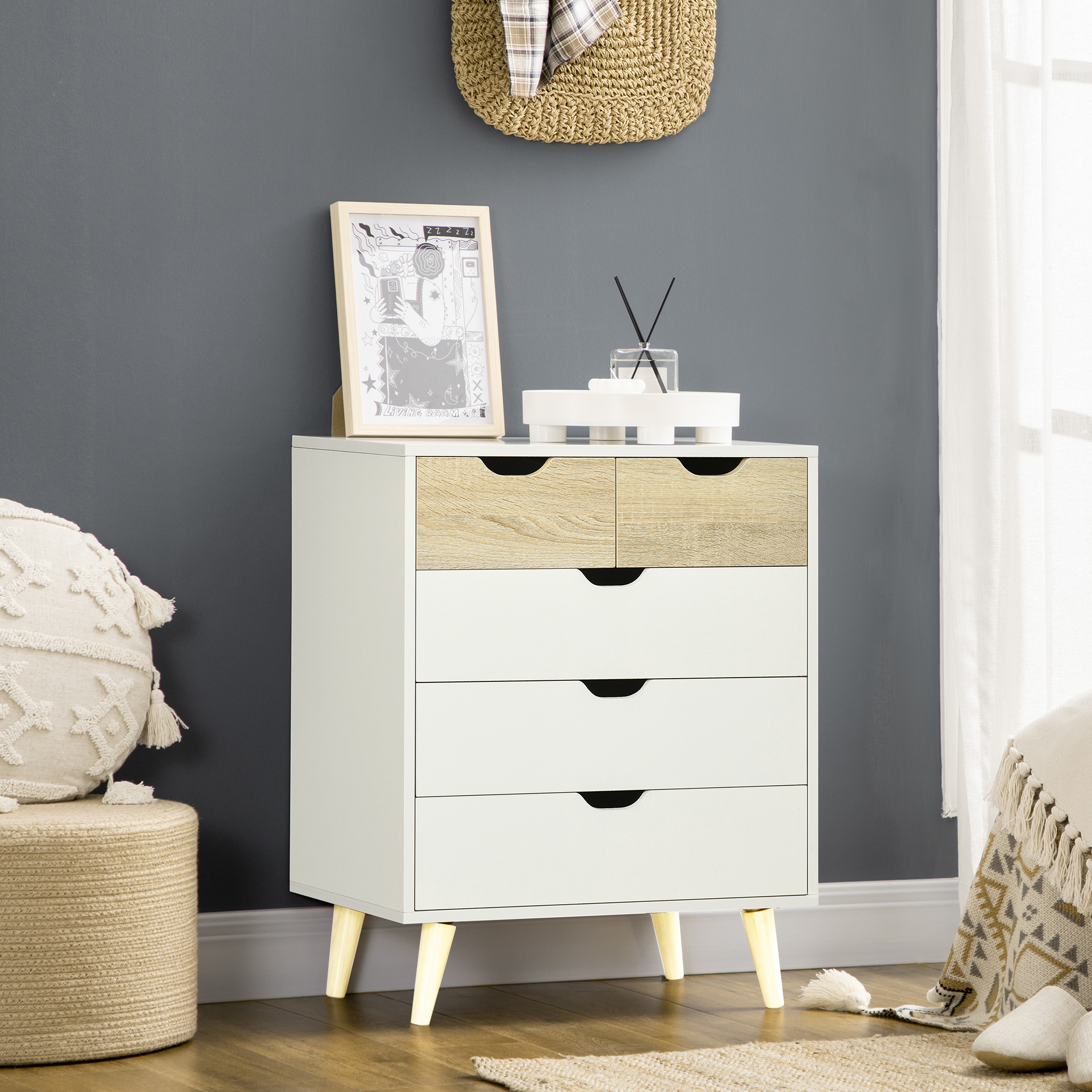 Homcom Cassettiera Bianca 5 Cassetti con Maniglie Intagliate in Legno, Cassettiera per Camera da Letto, 60x40x77.5cm, Bianco e Legno   Aosom Italy