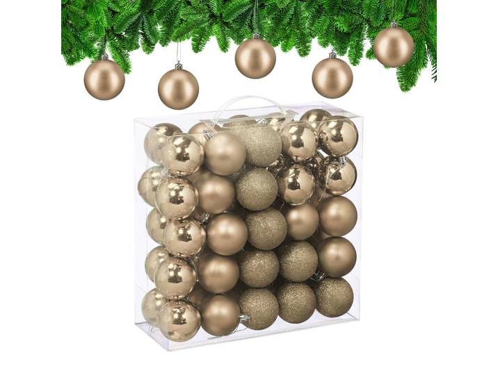 Relaxdays Weihnachtskugeln Champagner 50er-Set Kunststoff 7x6 cm, Creme, Rund, 6x7x6 cm, Dekoration, Weihnachtsdekoration, Christbaumschmuck