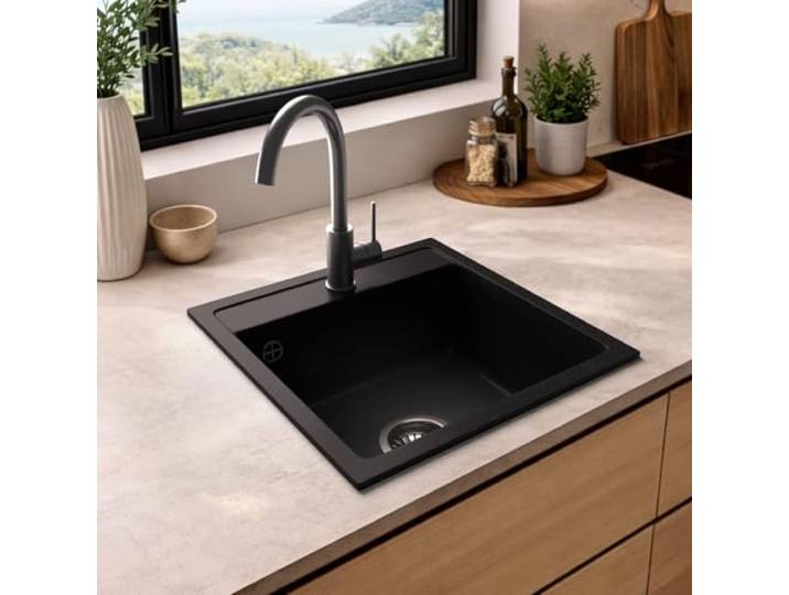 ANGEBOT: LINDBERGH® 44x44 Granit Spüle + kompl. Siphon, Einbauspüle Küchenspüle Spülbecken - Verbundstoffe MADE IN GERMANY (1. LUX11 Schwarz)