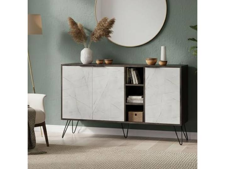 Dmora Sideboard Ashlesha 142x35,6x83h cm Beige, 4 Regale, 3 Türen