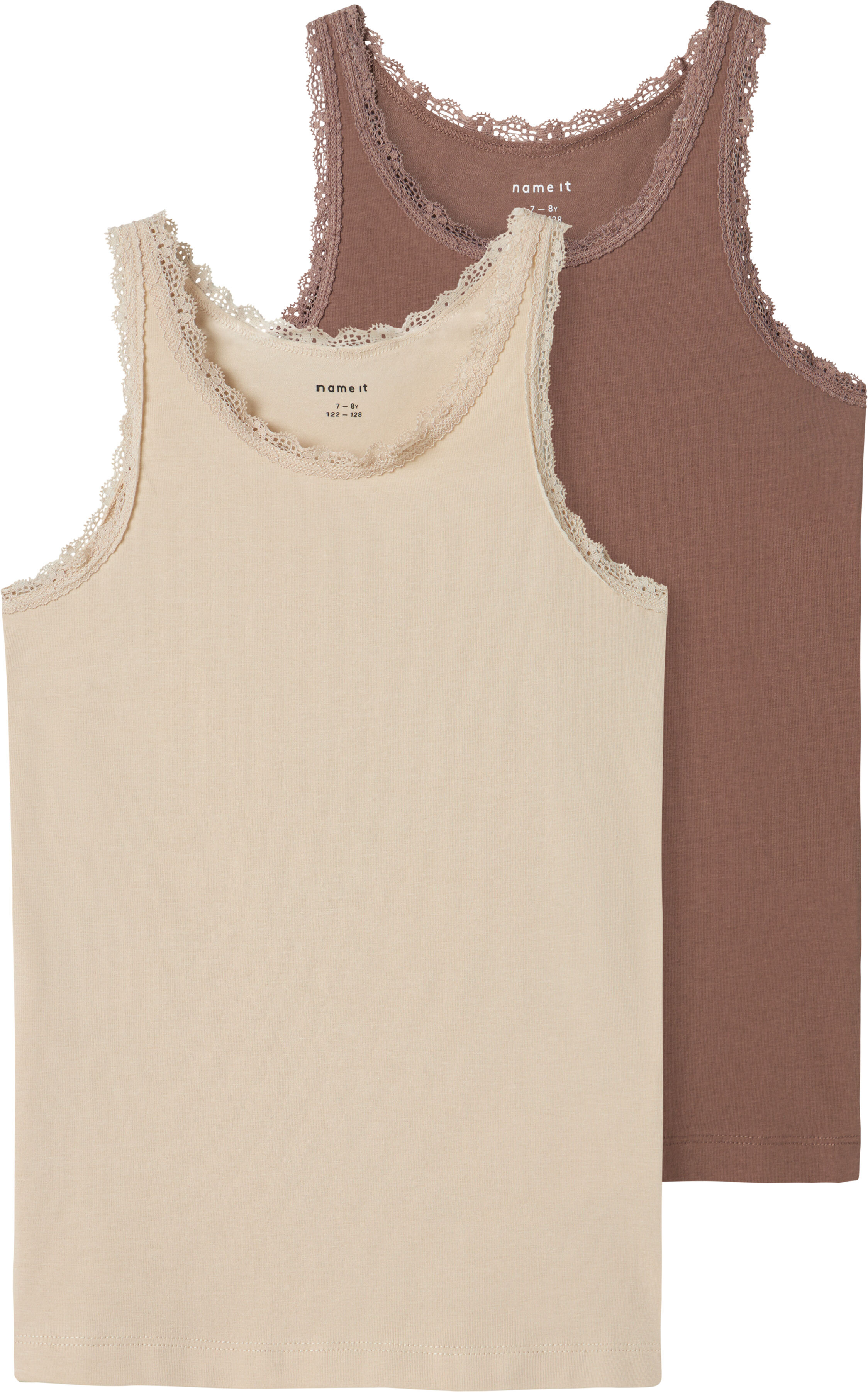 Unterhemd NAME IT "NKFTANK TOP 2P PEYOTE LACE NOOS", Mädchen, Gr. 116, N-Gr, beige (peyote), Jersey, Obermaterial: 95% Baumwolle, 5% Elasthan, unifarben, normal, Rundhals, Unterhemden Unterhemd peyote 116, N-Gr