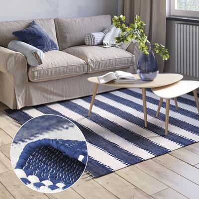 Teppich "Karim", blau (blau, weiß), B:160cm H:10mm L:230cm, Baumwolle, Polyester, MYFLAIR MÖBEL & ACCESSOIRES, Teppiche, Teppich, Handweb Teppich, gestreift, 90% Baumwolle, handgewebt, mit Fransen