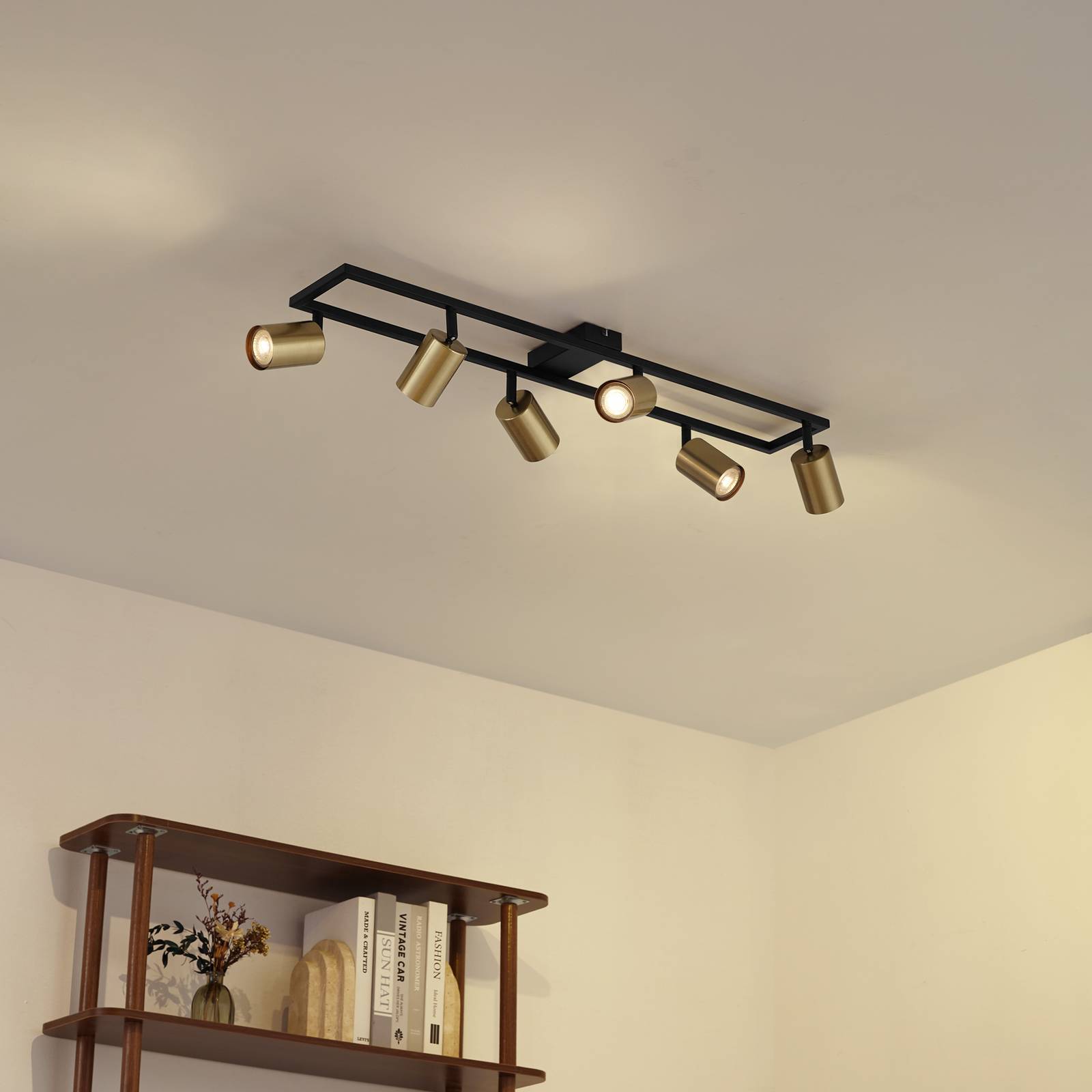 Lindby Bravius ceiling spotlight, brass, 6-bulb, iron Lindby, dimmable, Black, Hallway, metal, Modern, Ceiling Light