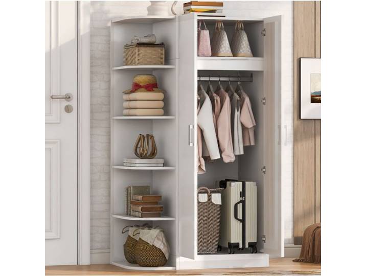HOMVRA Armoire penderie 90x55x170 cm double porte étagères tiroirs blanc MDF et métal