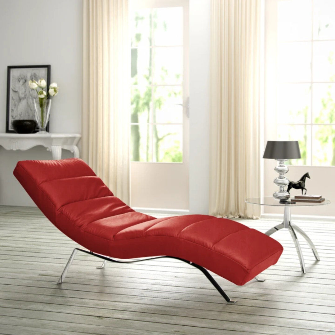 Brayden Studio SALISBURY Chaise Lounge in Genuine Leather with Adjustable Backrest Red/Silver 95cm H X 65cm W X 171cm L