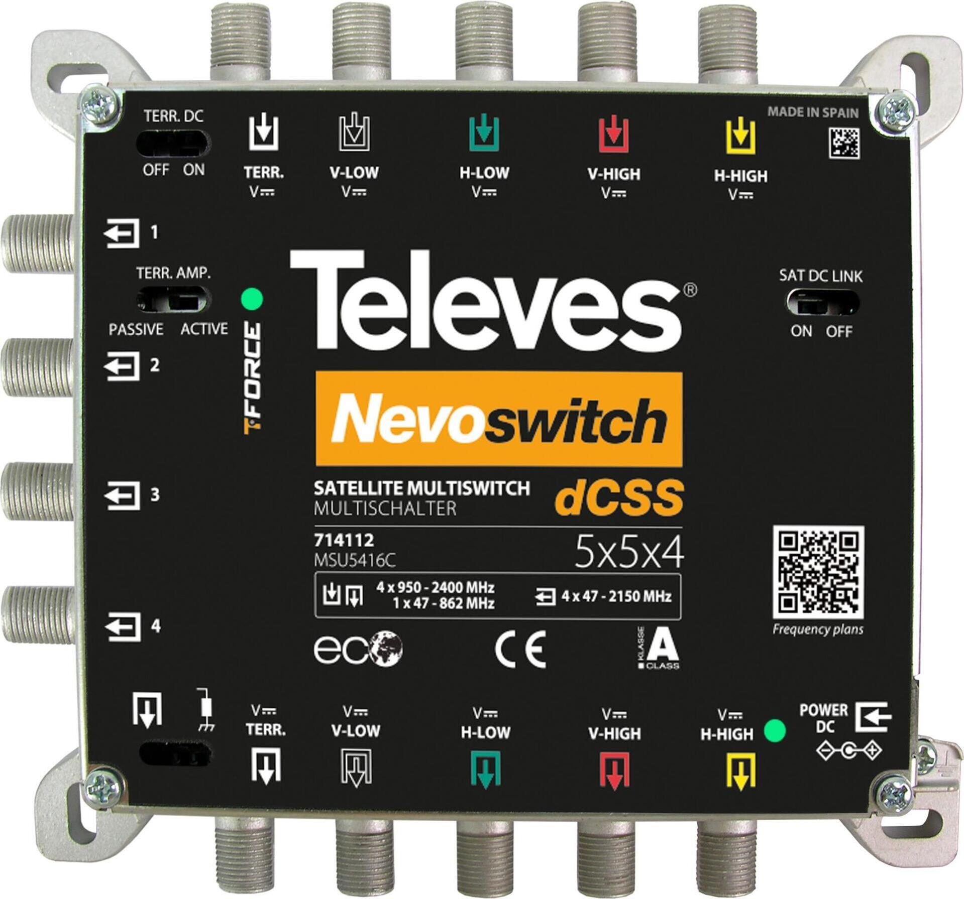 Televes 714112, 5 Eingänge, 4 Ausgänge, 950 - 2150 MHz, 47 - 862 MHz, 47 - 862 MHz, 3 dB