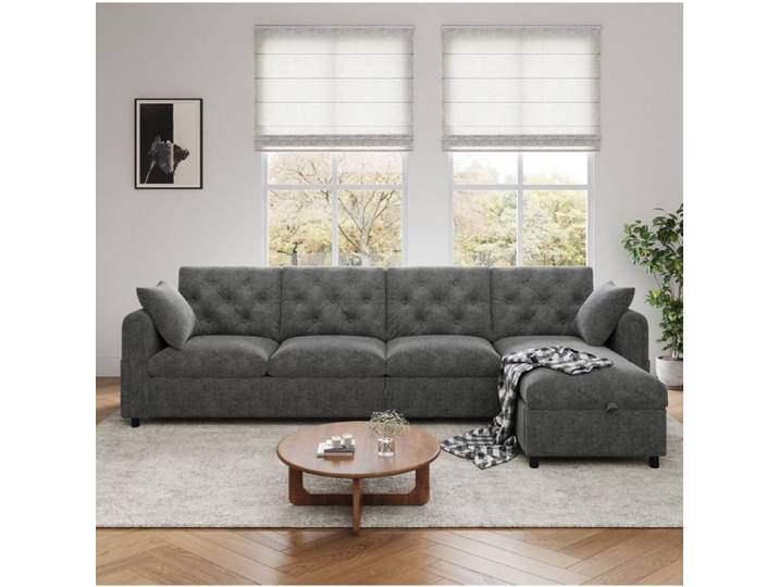 Canape D'Angle Reversible Velours Gris Canape Modulable FloraGrace Pour Salon Avec Rangement Et Couchage 281x132x86cm