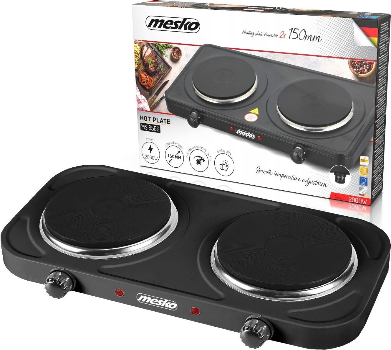 Mesko Home MS 6509 Kookplaat, Zwart, Aanrechtmodel, 2 Zones