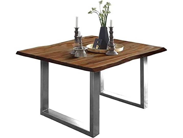 SAM Esstisch Mephisto 90x90 cm Akazie nussbaum U-Gestell Edelstahl Baumkantentisch massiv, Akazienholz nussbaumfarben, 26 mm Tischplatte, Esszimmertisch, Holztisch
