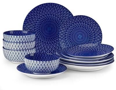 vancasso SELENE 12-Piece Elegant Blue Floral Porcelain Dinnerware Set