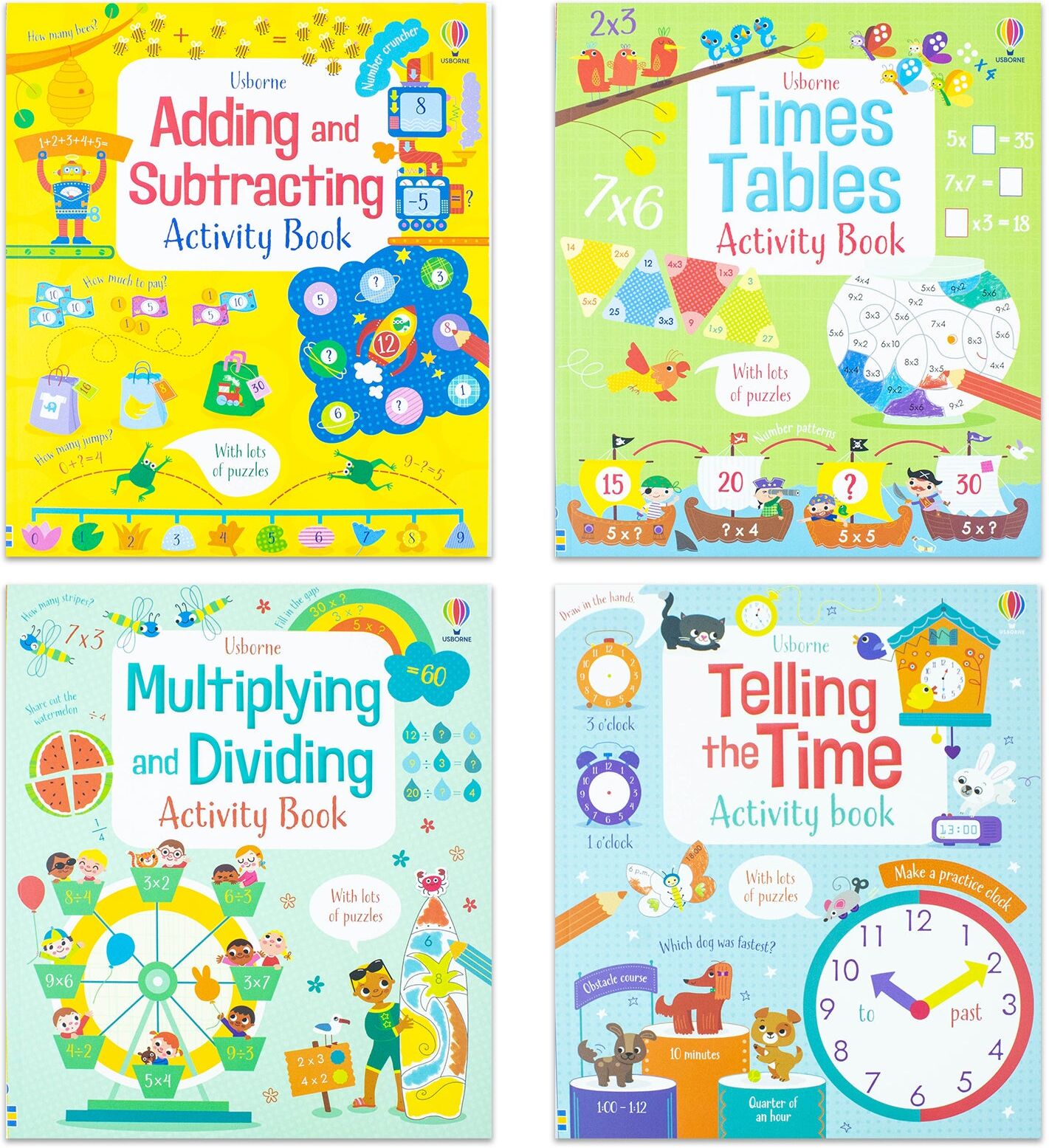 Children Usborne Educational Workbooks 4 Books Set (Addition & Subtraction, Times Tables, Telling the Time, Multiplying Dividing)