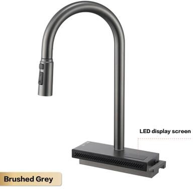 Uplifted Finds Luxury Gunmetal Brass LED Digital Display Kitchen Faucet Pull Out g1 2 brushed Gray led