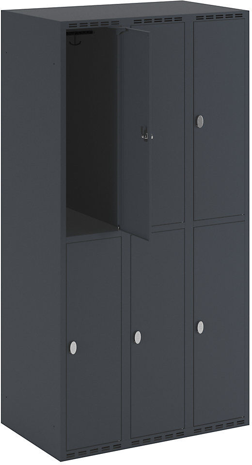 kaiserkraft Doppelstock-Spind Fydor, 3 Abteile, anthrazit, B 900 mm, 3 Abteile, flache Dachform, Vorhängeschloss