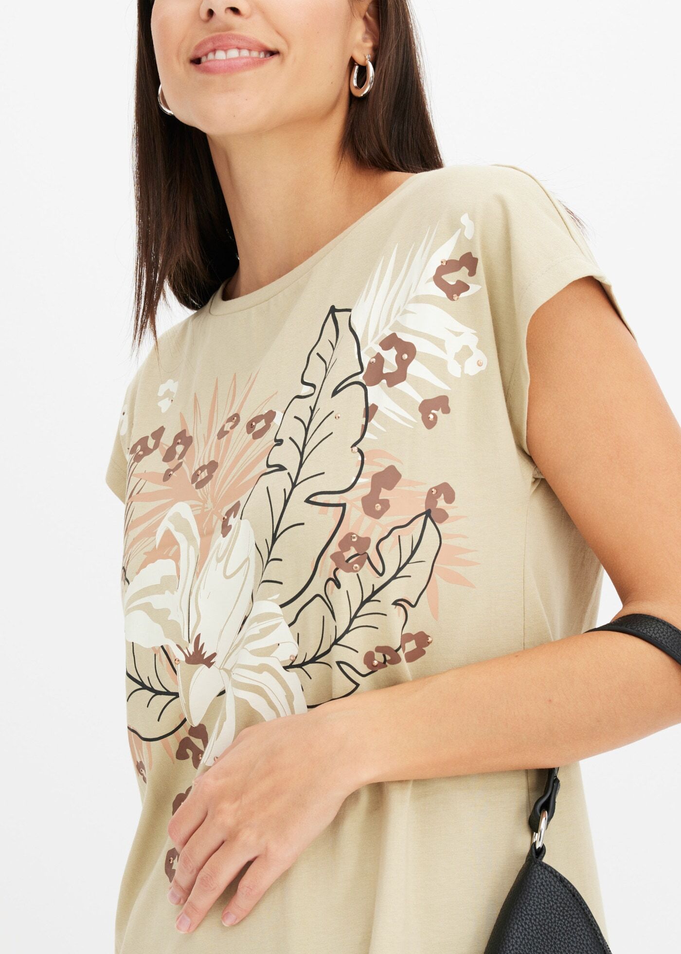 T-Shirt BONPRIX, Damen, Gr. 56/58 (XXXL), beige (rauchkhaki, eiskaffee bedruckt), Obermaterial: 100% Baumwolle, loose fit, Shirts T-Shirt, aus reiner Baumwolle, Loose Fit, mit Kurzarm-Design rauchkhaki, eiskaffee bedruckt 56/58 (XXXL)