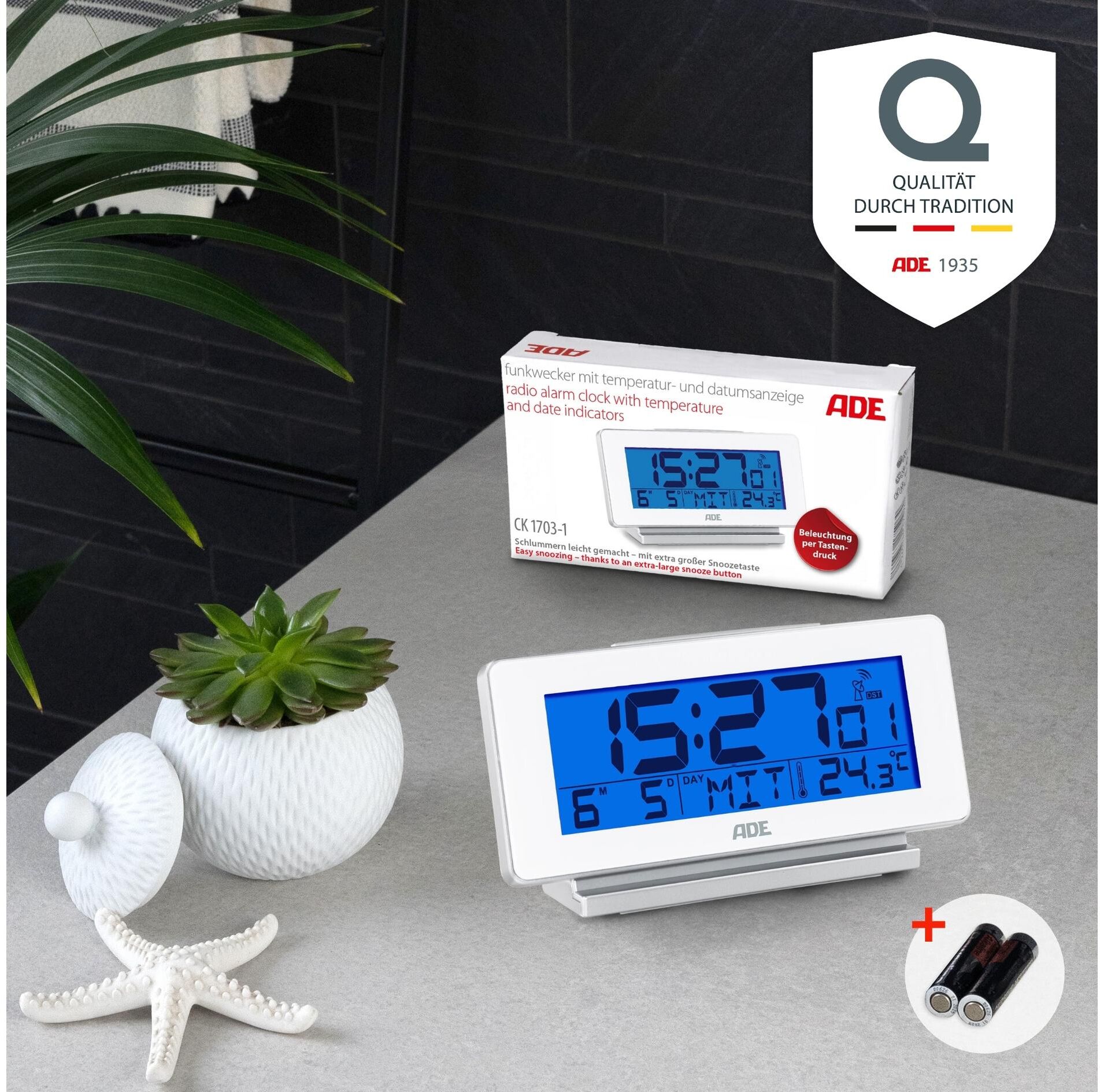 Funkwecker ADE "mit Temperatur und Datumsanzeige, Weiss", weiss (weiß), Wecker, Funkwecker weiß Einheitsgröße