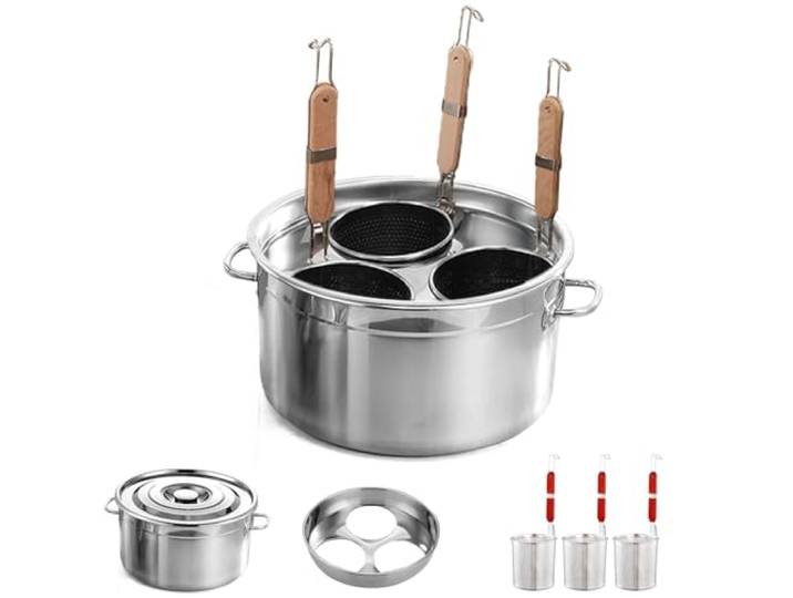 Kurflo Kommerzieller Nudeltopf, Edelstahl, für Ramen, Udon, Spaghetti & Fondue, geeignet für Gasherd & Induktion, inkl. Abtropfsieb und Aufhängehaken (mit 3 Siebeinsätzen)